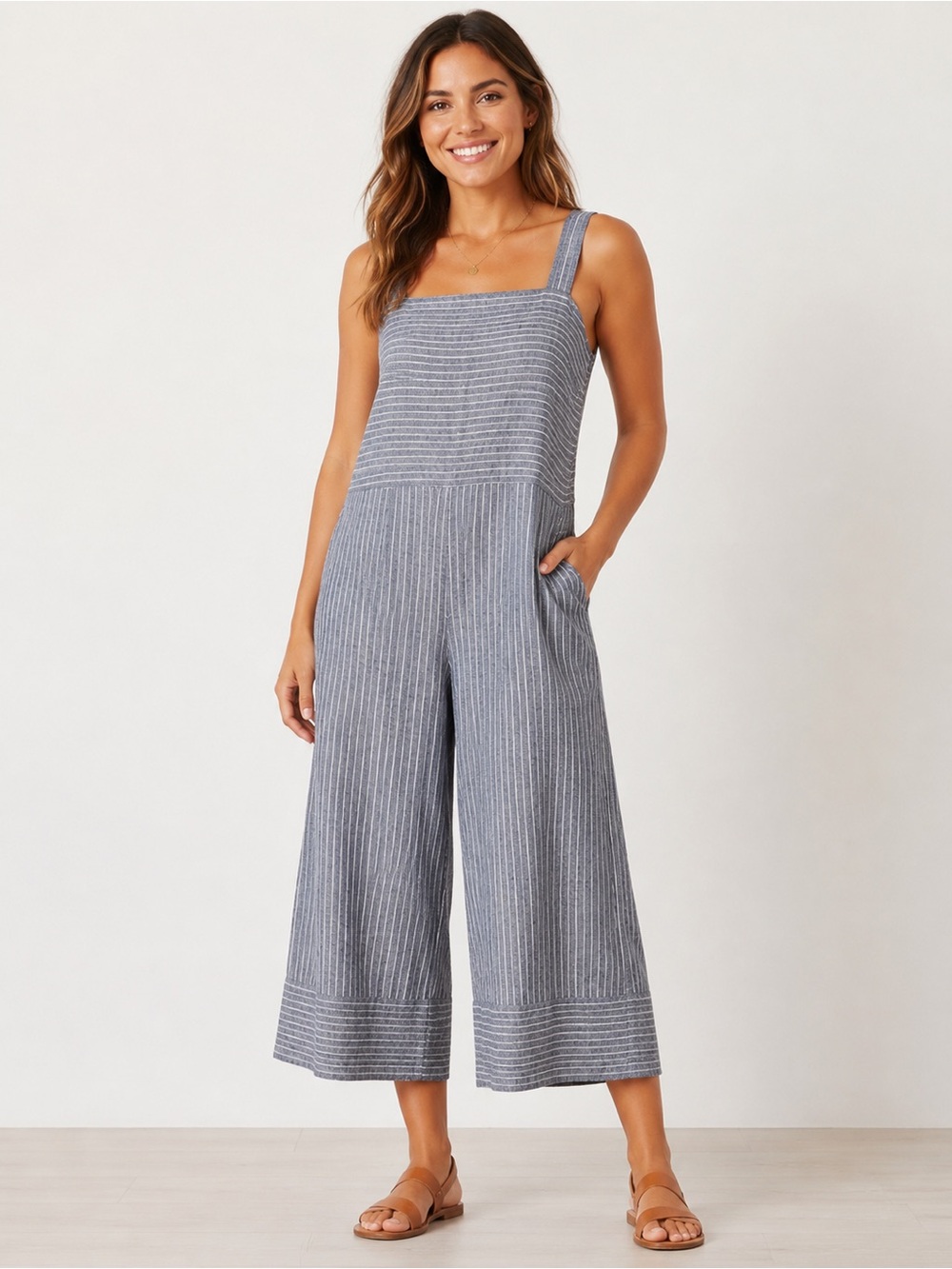 beachlunchlounge cotton linen blend Striped Square-Neck Wide-Leg Jumpsuit M